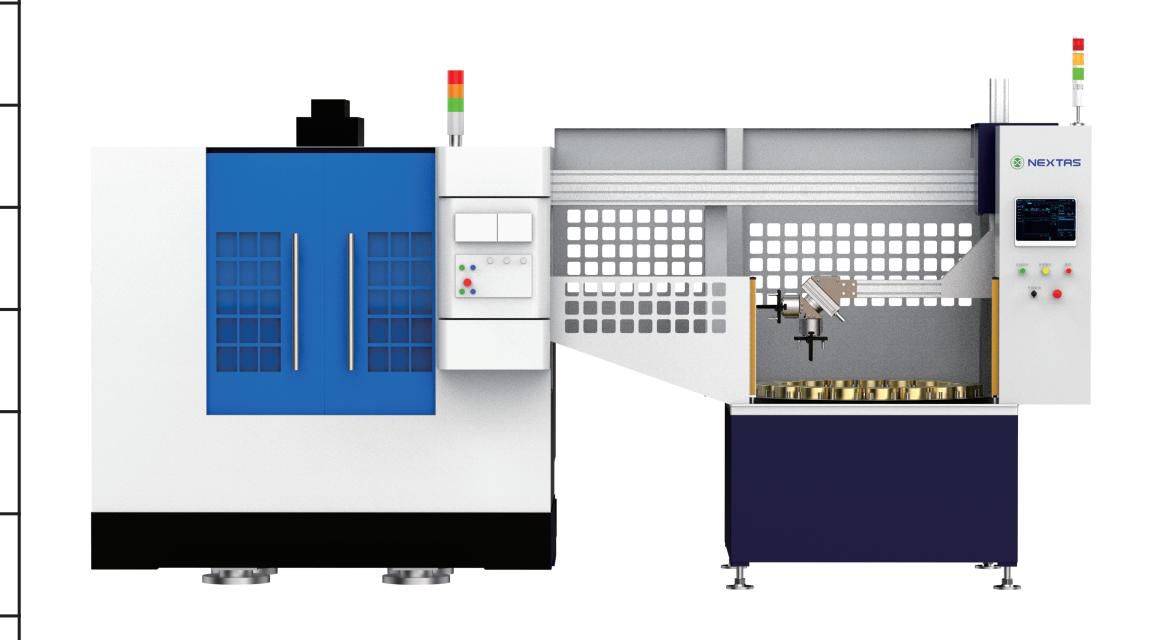 CNC machine paired with an adjacent automation cell as a packaged unit