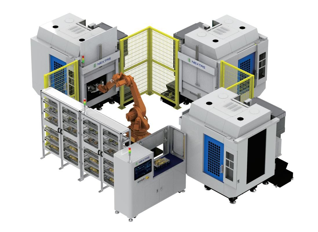 Multi-machine FMS island with central robot arm linking several CNC machines