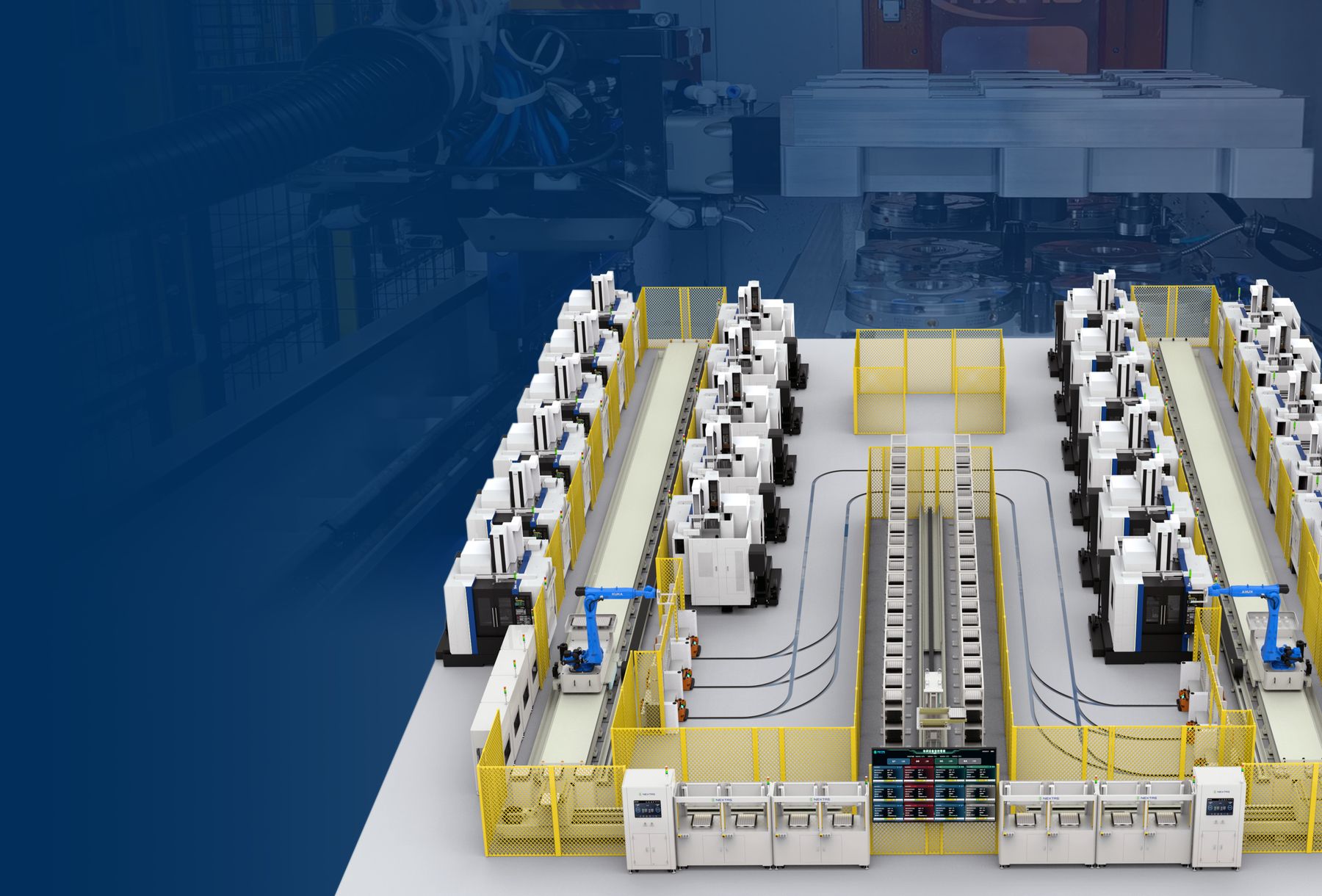 Top-down view of a multi-row pallet conveyor line linking several CNC machines