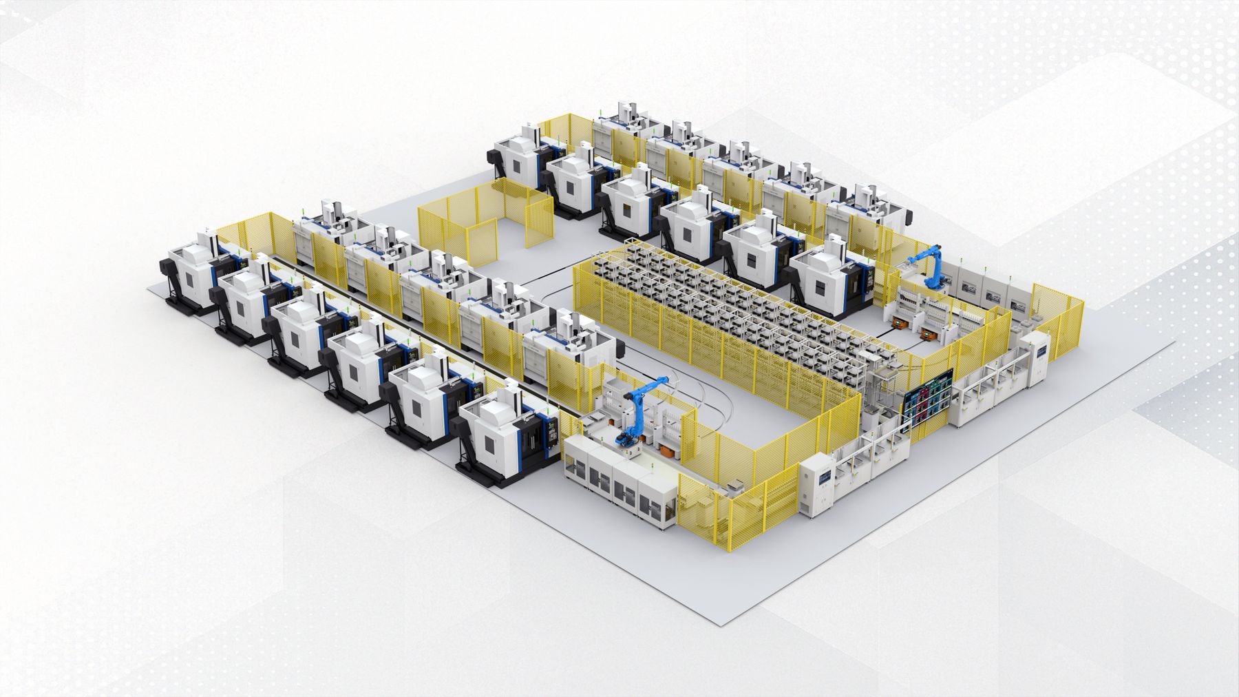 Isometric view of a full FMS plant with multiple CNC cells, central pallet flow and robot arm