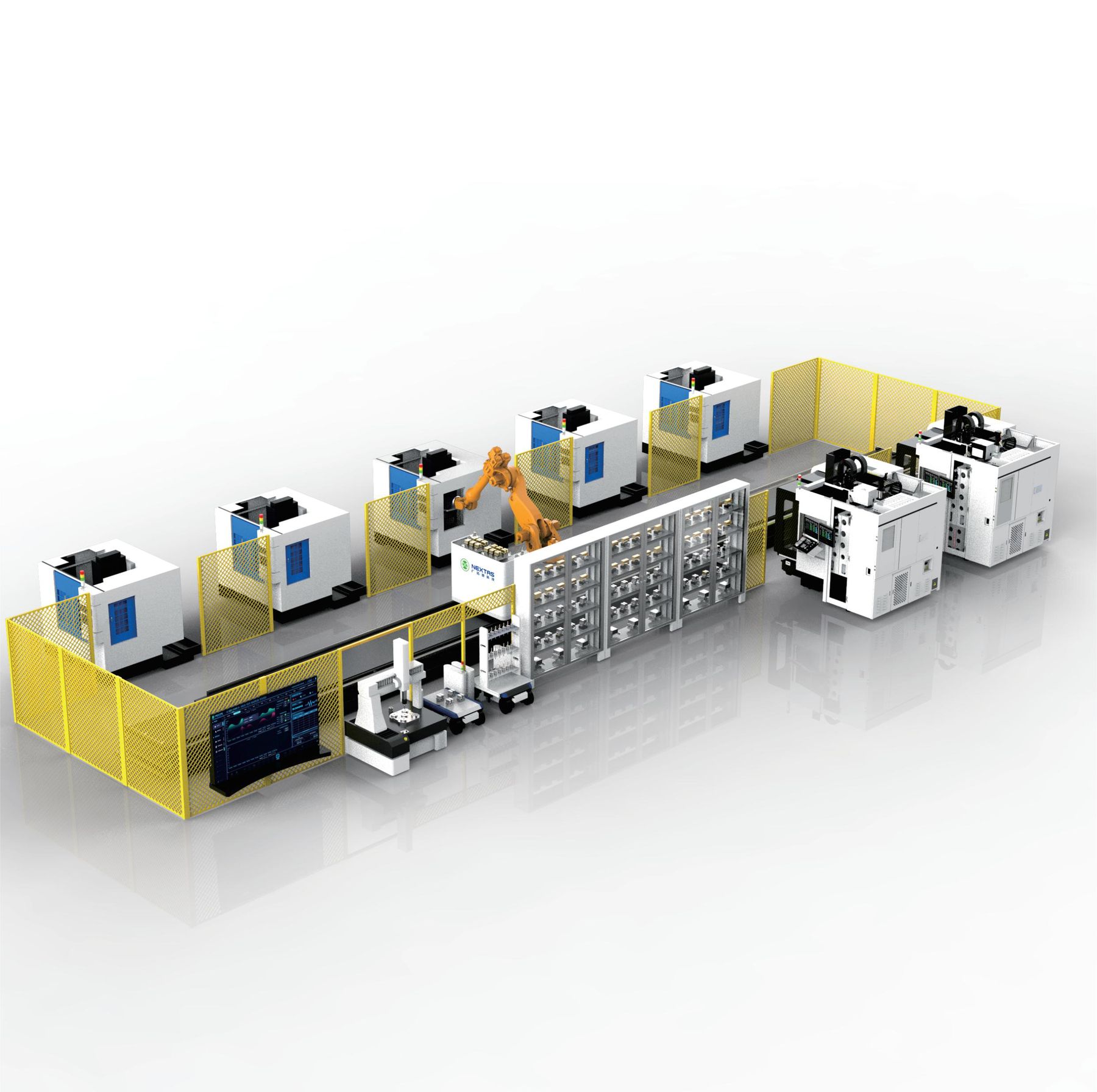 Top-down view of a Nextas FMS production line: four rows of CNC machines linked by central robot pallet shuttle and storage rack