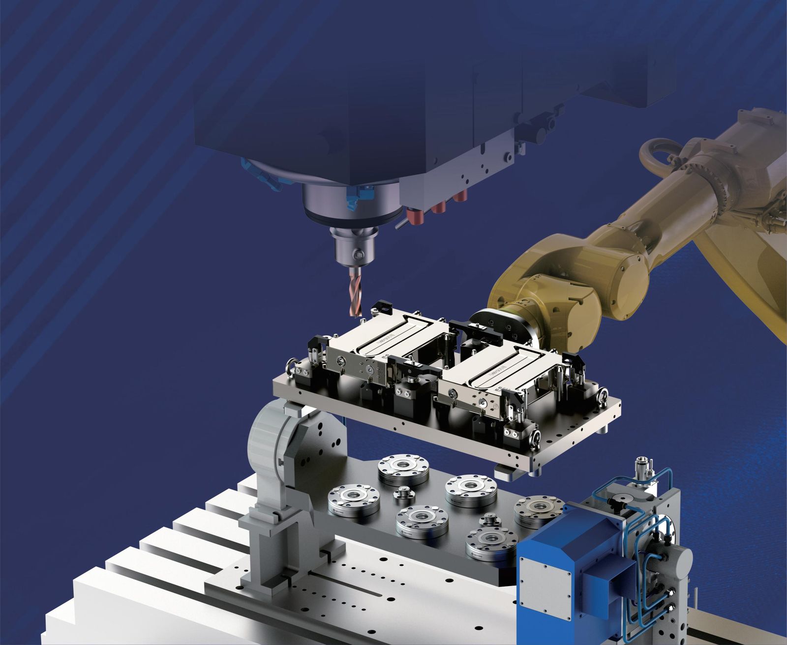 Robot arm loading a tombstone fixture between CNC machines