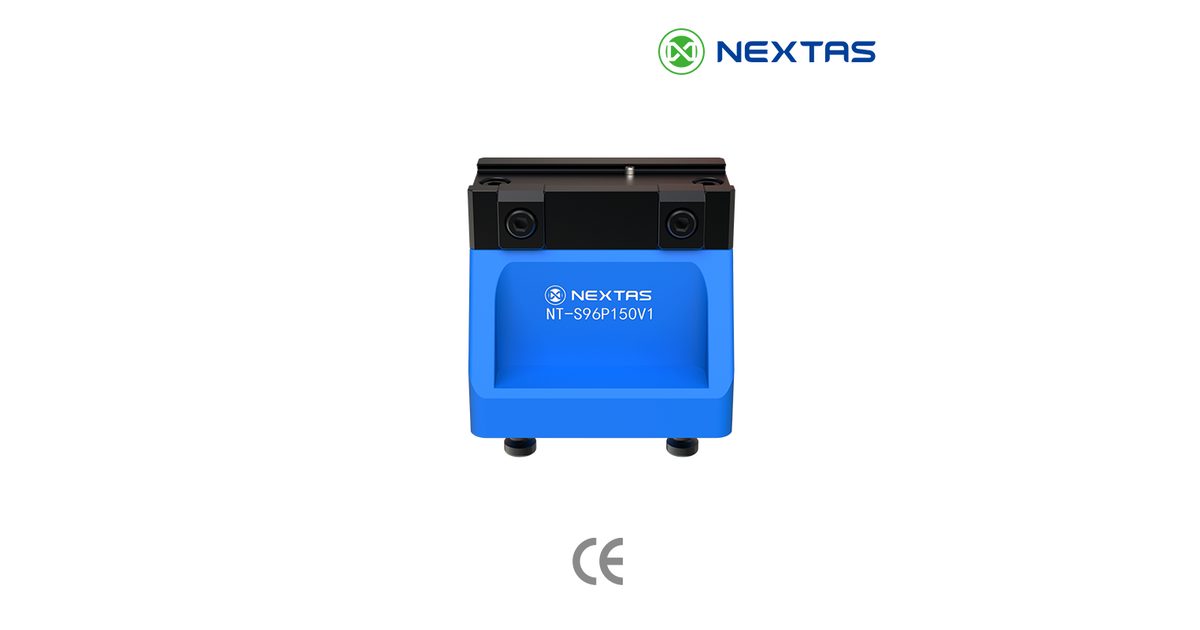Blue and black NEXTAS pneumatic dovetail fixture shown against a white background