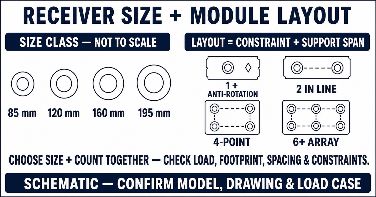 Schematic comparing 85, 120, 160 and 195 mm receiver classes with one, two, four and six-plus module layouts