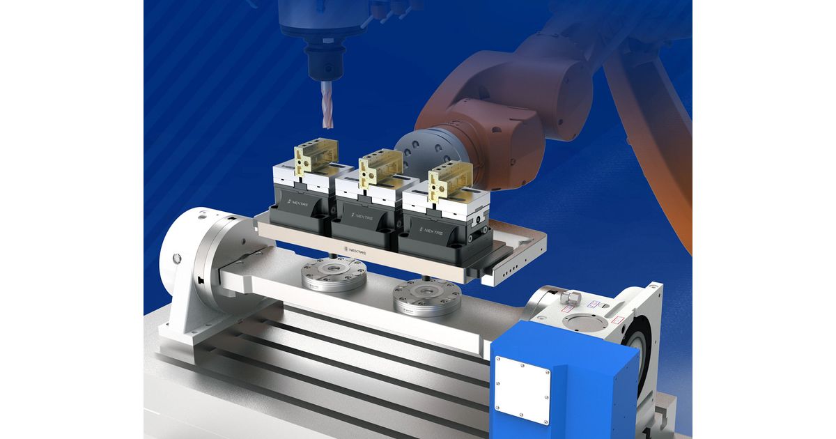 NEXTAS five-axis workholding setup with self-centering vises