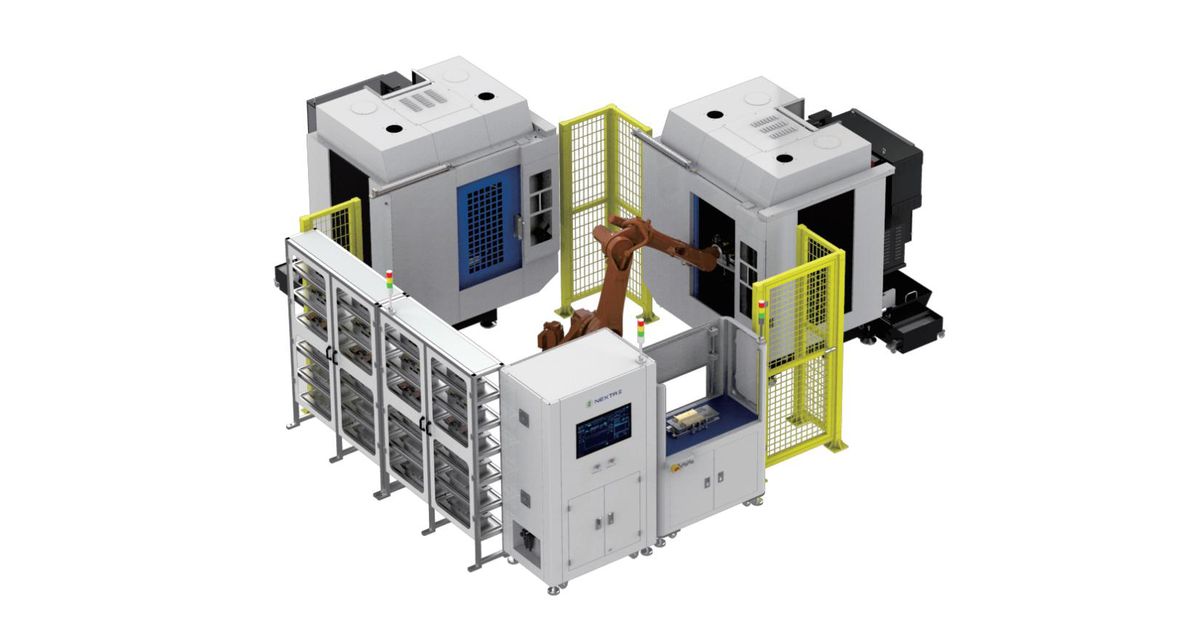 Rendering of two CNC machines, a robot, guarding and a pallet rack