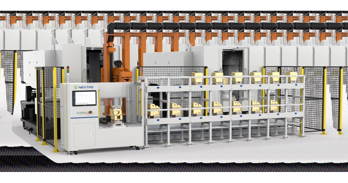 Rendering of a multi-machine line with pallet racks, conveyor and control cabinet