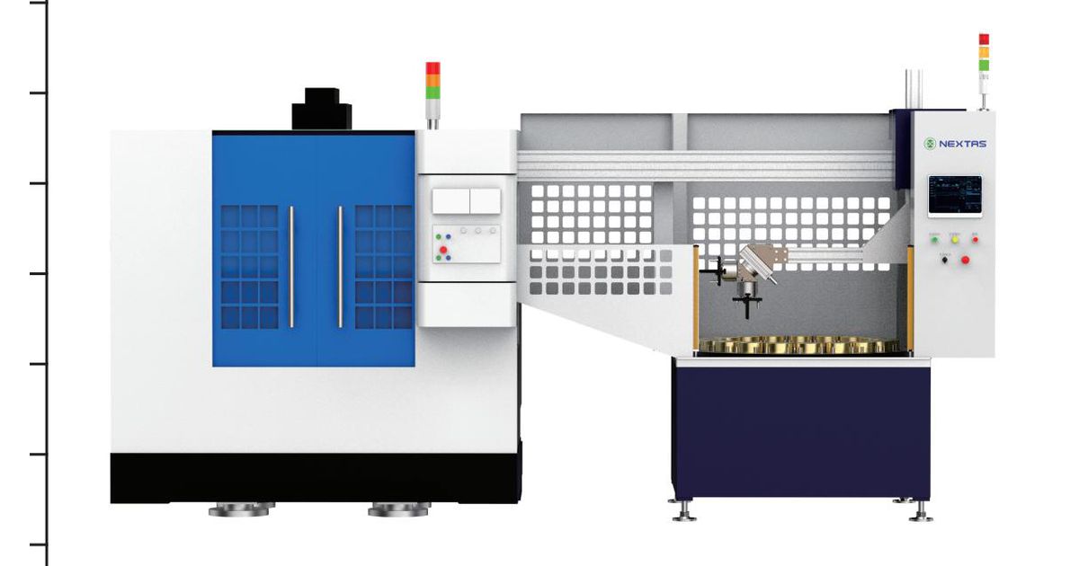 Rendering of one CNC machine beside a compact NEXTAS handling cell