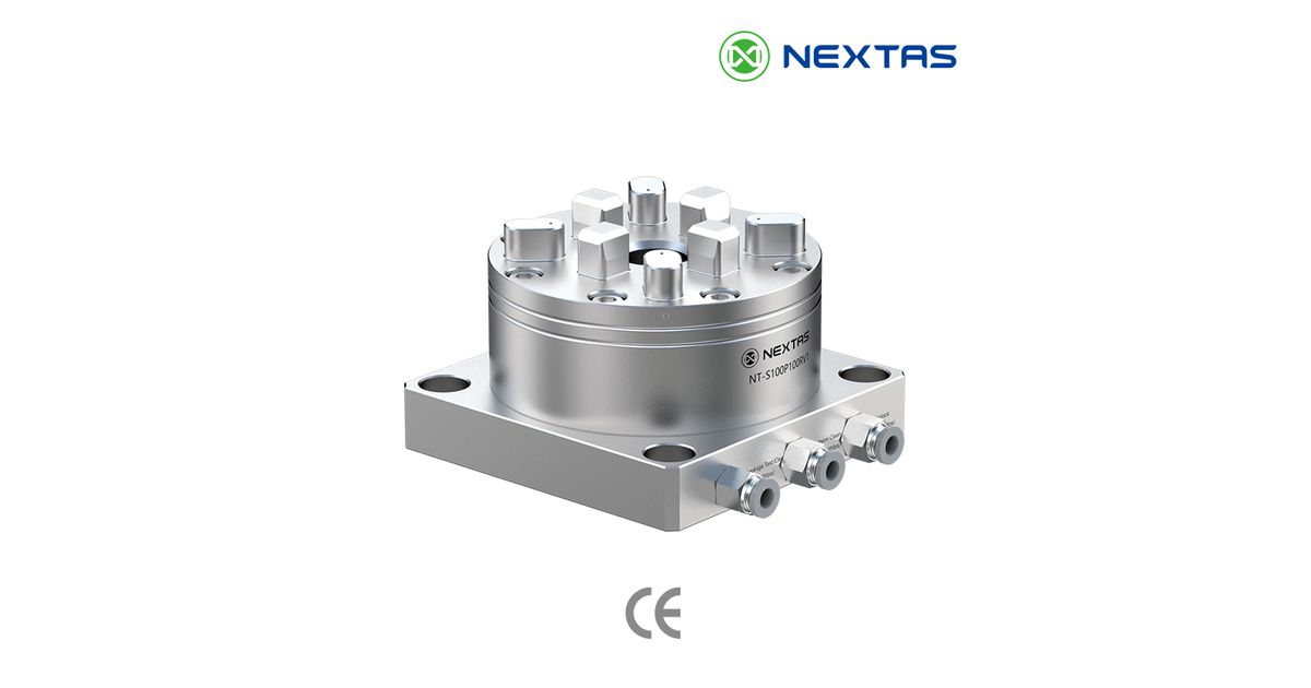 Two NEXTAS R-Series round datum chuck product views with visible fittings