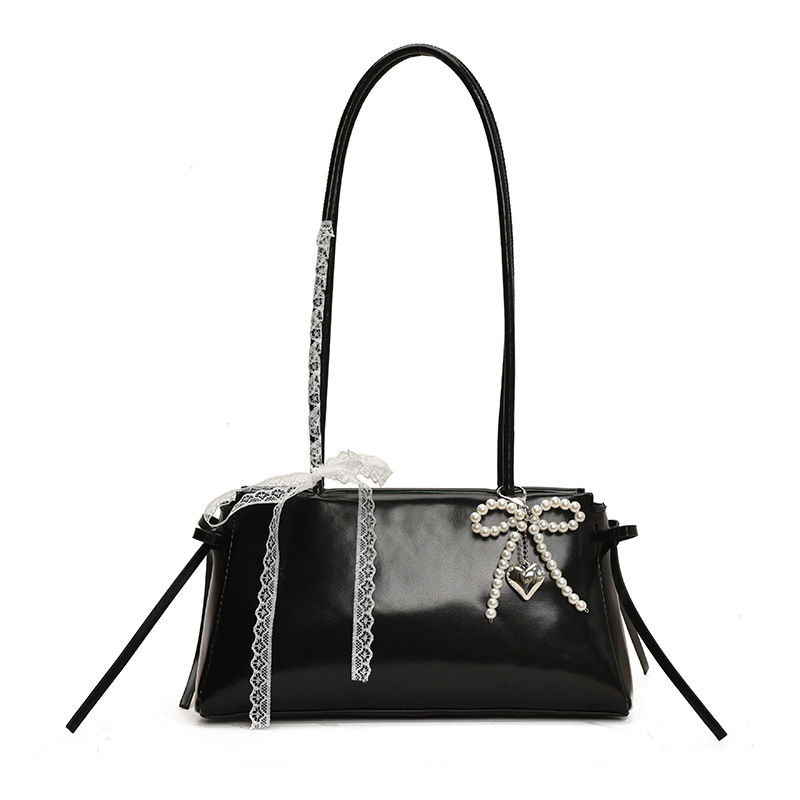 Osi Long Strap Pearl Bow Handbag - Black