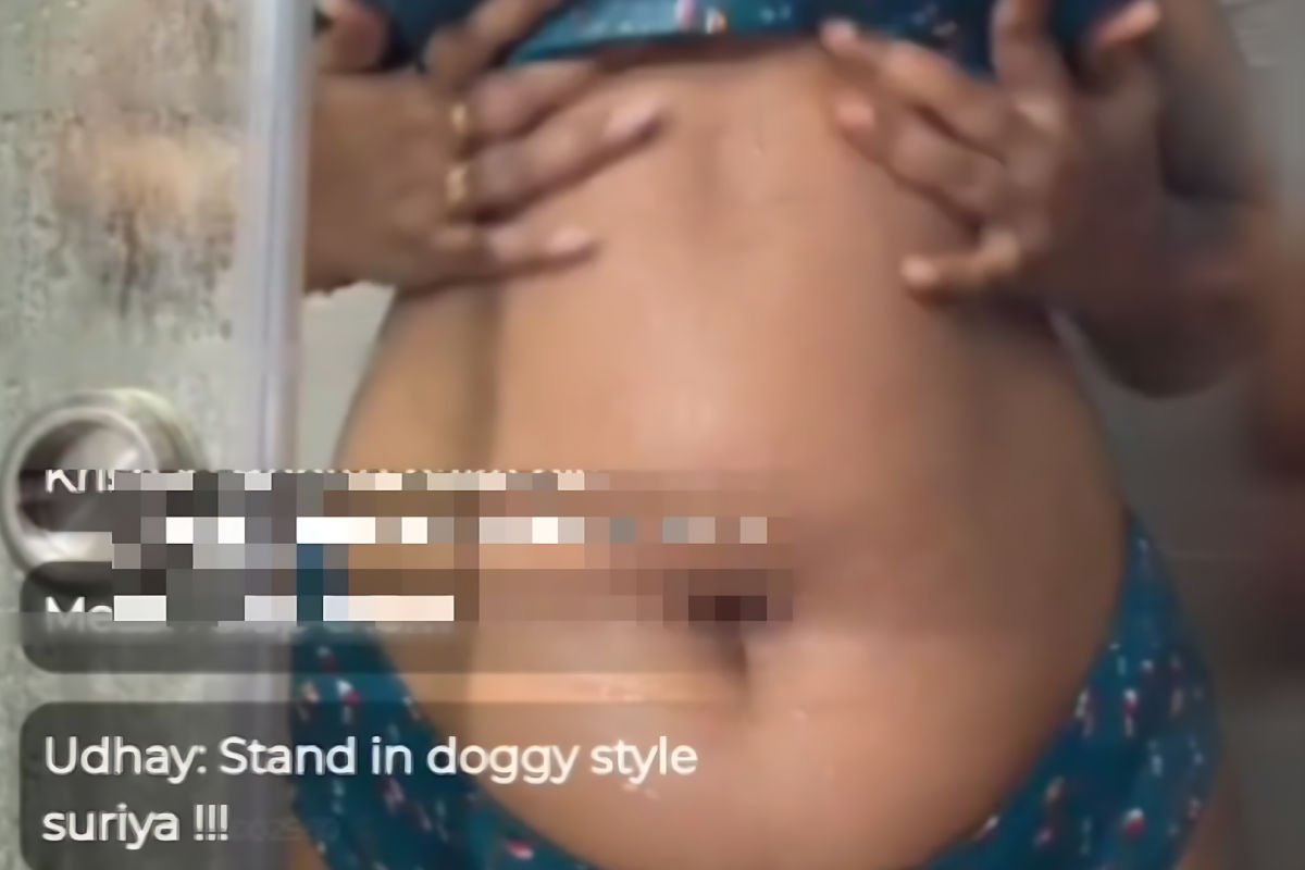 Suriya Praba in blue bikini bathing and rubbing her ass and boobs