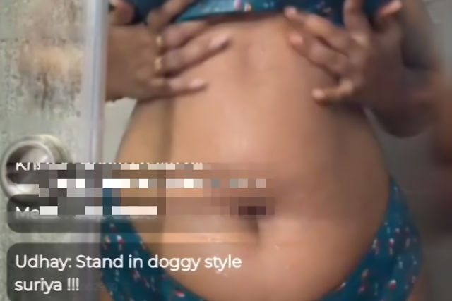 Suriya Praba in blue bikini bathing and rubbing her ass and boobs