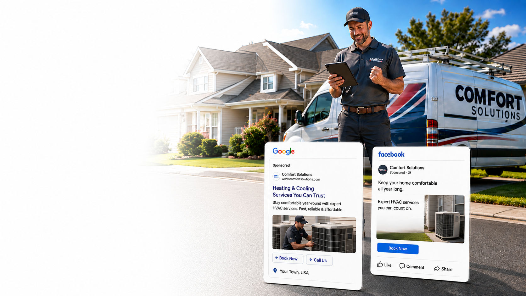 HVAC technician beside a Comfort Solutions service van reviewing Google and Facebook ads for his home service business on a tablet