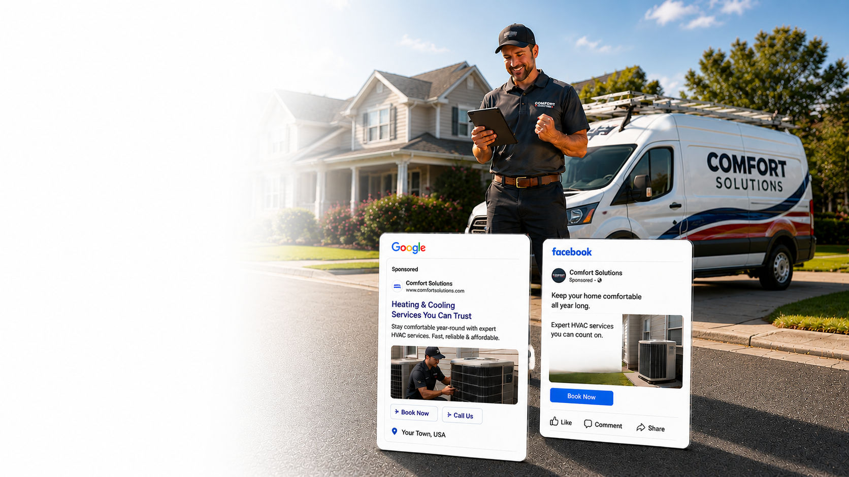 HVAC technician beside a Comfort Solutions service van reviewing Google and Facebook ads for his home service business on a tablet