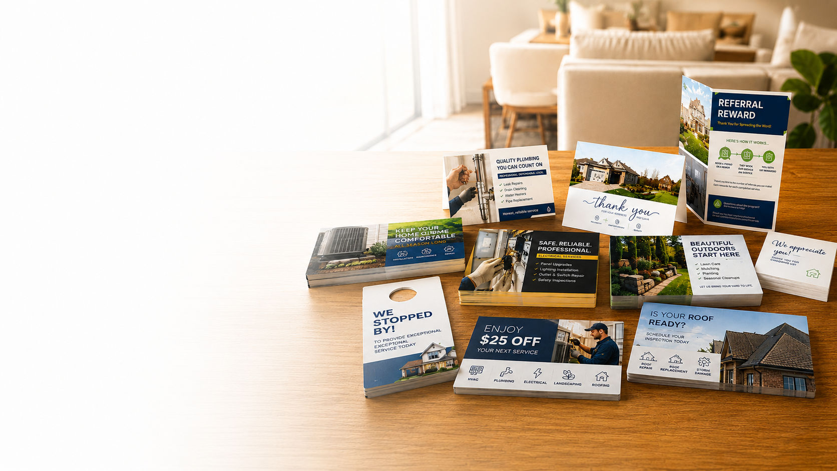 Printed home-service marketing pieces spread across a table — HVAC, plumbing, electrical and roofing postcards, a door hanger, a referral reward brochure and thank-you cards