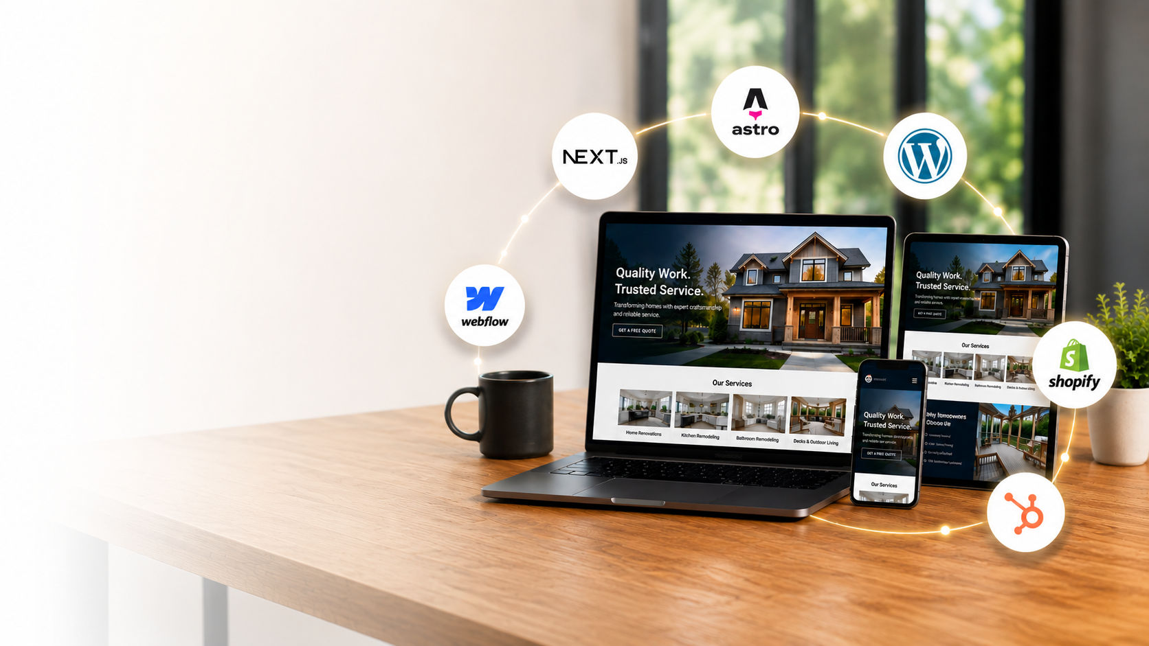 Laptop, tablet and phone on a desk showing the same home-service contractor website, ringed by Astro, Next.js, WordPress, Webflow, Shopify and HubSpot logos