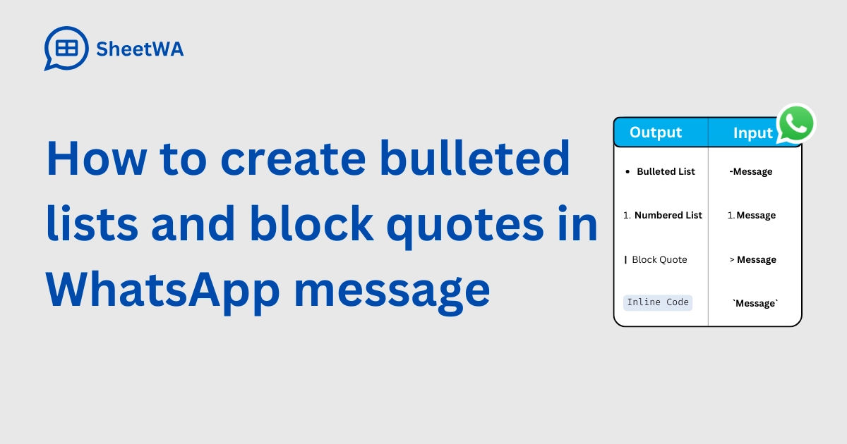 How to create bulleted lists and block quotes in WhatsApp message by SheetWA