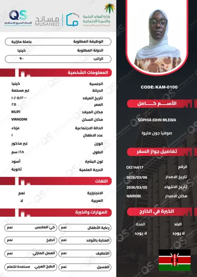 سيرة ذاتية عاملة كينية صوفيا جون مليوا - KAM-0100