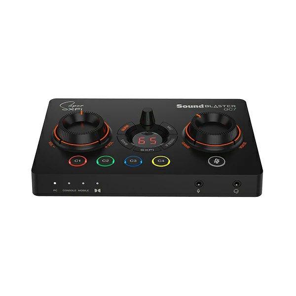 ON-THE-FLY CONTROLS WITH PROGRAMMABLE BUTTONS – The Sound Blaster GC7 is ergonomically designed with simple and intuitive one-handed controls for quick adjustments on the fly. It also comes with 4 fully programmable buttons that you can customize with your favorite audio profiles, or program your own macros for some quick maneuvers during a live stream. You can even customize it further with your preferred RGB lighting colors to match the device colors with the rest of your setup
DUAL DSP WITH INCREDIBLE AUDIO PROCESSING – Equipped with both Super X-Fi and Sound Blaster audio technologies, the Sound Blaster GC7 offers you top-tier audio processing capabilities. Immerse in the hyper-realistic audio holography from Super X-Fi that recreates the soundstage of a multi-speaker system in your headphones; or experience Sound Blaster’s full suite of audio enhancements that has been fine-tuned over 30 years, and customize your audio to your liking for both speakers and headphones
HUNT DOWN YOUR ENEMIES – Sound Blaster GC7 comes with both SXFI BATTLE Mode and Scout Mode, so you can choose the best weapon for your gameplay. BATTLE Mode makes perfect use of Super X-Fi technology to bring you realistic audio cues with both direction and distance, allowing you to pinpoint the exact position of a sound source. Scout Mode focuses on detection—enhancing audio cues and bringing them closer to your ears so you can pick up the faintest sounds made by your enemies instantly
BALANCE GAME AND CHAT AUDIO – Increase your chat volume during the strategy meeting on discord, then turn it back down to focus on the game without leaving your game screen! Simply turn the GameVoice Mix control knob to adjust the game and chat volume when you need to! The Sound Blaster GC7 is angled at the perfect position to facilitate one-handed control from any gaming setup, so you can make adjustments without even looking away from your screen
AUDIOPHILE-CLASS DAC FOR PRISTINE AUDIO – At the core of the Sound Blaster GC7 is the AKM4377 Audiophile-class DAC which offers lower noise floor, lower distortion, and more distinct individual sound effects. Stream at up to 24-bit / 192 kHz PCM playback and enjoy high-quality audio regardless of which source you’re using. On top of the solid audio playback, you can also indulge yourself in a cinematic experience with up to 7.1 virtual surround on both headphones and speakers, and Dolby Audio