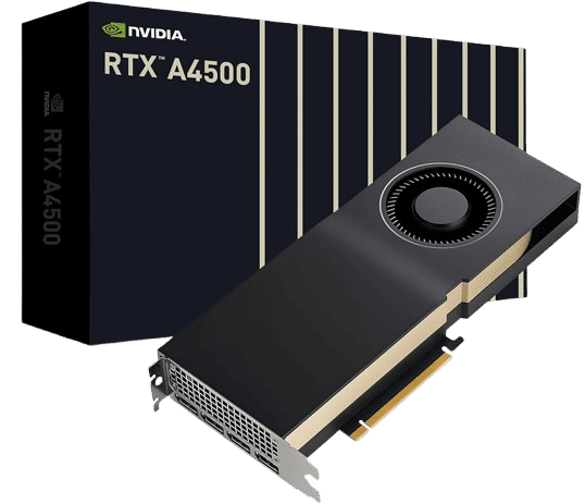 Description

Specifications








GPU Features
NVIDIA RTX A4500




GPU Memory
20 GB GDDR6 with error-correcting code (ECC)


Display Ports
4x DisplayPort 1.4


Max Power Consumption
200W


Graphics Bus
PCI Express Gen 4 x 16


Form Factor
4.4” (H) x 10.5” (L) Dual Slot


Thermal
Active


NVLink
2-way Low-profile (2-slot and 3-slot bridges)


VR Ready
Yes