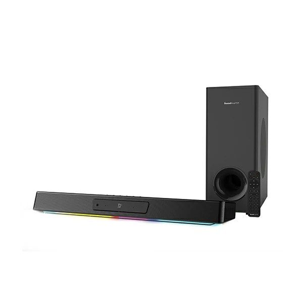 FLAGSHIP MULTI-CHANNEL GAMING SOUNDBAR – Forged in aluminum and constructed with superior engineering materials, the Sound Blaster Katana V2 is sleeker, more refined, and up to 68% more powerful than its predecessor. Bring your games to life with natural and realistic sound reproduction via true 5.1 channel hi-res playback with certified Dolby Audio decoder, or blast your music away and enjoy detailed undistorted sound even at high volumes
TRADEMARK TRI-AMPLIFIED DESIGN AND IMPROVED DRIVERS – Sound Blaster Katana V2 features the same tri-amplified design, with each of the 5 drivers in the soundbar and subwoofer set individually powered by the DSP controller, delivering audio that is powerful and precise. The soundbar is also upgraded with two all-new improved fabric dome tweeters for cleaner and more refined highs, and a substantially larger subwoofer driver for deeper and more impactful bass
SUPER X-FI AND SXFI BATTLE MODE – The action doesn’t have to stop when it’s late in the night. Super X-Fi technology allows you to continue the multi-channel speaker experience in your headphones! Simply plug your headphones into the soundbar and turn Super X-Fi on to enjoy hyper-realistic surround audio without disturbing anyone. Powered by the Super X-Fi UltraDSP chip, Sound Blaster Katana V2 also offers SXFI BATTLE Mode, the highly-raved secret weapon that renders you unbeatable in FPS games
CUSTOMIZE EVERYTHING – Sound Blaster Katana V2 comes with all the customization options you need. The built-in Sound Blaster chip offers our trademark processing technologies that allow you to tune the audio the way you like via the Creative app. You can also change the RGB lighting, or save custom presets to a programmable button on the remote control. Prefer a certain sound mode, volume, and lighting color for parties? Save all of the settings and more on a programmable button for easy access
TAKE CHARGE OF YOUR OWN AUDIO HUB – With a host of upgraded connectivity options, including a HDMI ARC port, optical port, as well as wireless Bluetooth 5.0 connectivity! The Sound Blaster Katana V2 works with various platforms, from gaming consoles such as PS5, PS4, Xbox Series S, and Nintendo Switch, as well as PC, Mac and mobile devices too. Its slim profile allows you to tuck it under any monitor effortlessly, and its sleek and elegant design fits perfectly in any living room setup as well