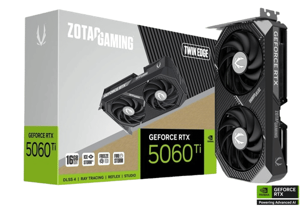 Description

Specificationsexpand_less







Water Cooling


Watercooling
No


Standards / Specifications


Adaptive Sync Technology (G-SYNC / FreeSync)
NVIDIA G-SYNC


Lighting


Lighting / RGB
No


Colour


Primary Colour
Black


Dimensions


Length / Depth
220.5 mm


Width
120.25 mm


Height
41.6 mm


Expansion Slots


Expansion Slots Required
2 Slots


Graphics Card


GPU Series
RTX 50 Series


Cooling


Number of GPU Fans
2


Clock Speeds


Max. GPU Clock (Base)
2407 MHz


Max. GPU Clock (Boost)
2572 MHz


Max. Memory Clock
28000 MHz


External Ports


Display Connectors
HDMI (1x), Display Port (3x)


Internal Ports


Required Power Connectors
8-pin PCIe (1x)


GPU Model


GPU Series Name
NVIDIA GeForce RTX 5060 Ti 16GB


Graphics Chip
GB206-300


Manufacturing Process
5 nm


Shader Units
4608


Tensor Cores
144


Raytracing Cores / Ray Acceleratorss
36


GPU Memory Type
GDDR7


Slot Type Standard
PCIe 5.0


GPU Memory Size (GB)
16


GPU Memory Interface (bit)
128


GPU Memory Bandwidth (GB/s)
448


GPU Effective Memory Clock (MHz)
1750