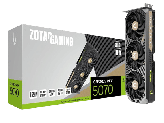 Description

Product Specifications









Specifications



GPU
NVIDIA GeForce RTX 5070 GPU


CUDA cores
6144


Video Memory
12GB GDDR7


Memory Bus
192-bit


Engine Clock
2542 MHz


Memory Clock
28 Gbps


PCI Express
PCI Express 5.0 x16


Display Outputs
3 x DisplayPort 2.1b with UHBR20
(up to 4K 480Hz or 8K 165Hz with DSC)
1 x HDMI® Connector
(Supports 4K 120Hz HDR, 8K 60Hz HDR, and Variable Refresh Rate as specified in the HDMI 2.1b Specification)


HDCP Support
2.3


Multi Display Capability
Quad Display


Recommended Power Supply
650W


Power Consumption
250W


Power Input
1 x 12v-2×6 power input


DirectX
Microsoft DirectX® 12 Ultimate


OpenGL
4.6


Cooling
IceStorm 2.0


Slot Size
2


SLI
No


Supported OS
Windows 11 / Windows 10 64-bit (v1809 November 2018 or later)


Card Length
304.4mm x 115.8mm x 41.6mm / 12″ x 4.6″ x 1.6″


Accessories
User Manual
2 x 8-pin-to-16-pin cable
GPU Support Stand
