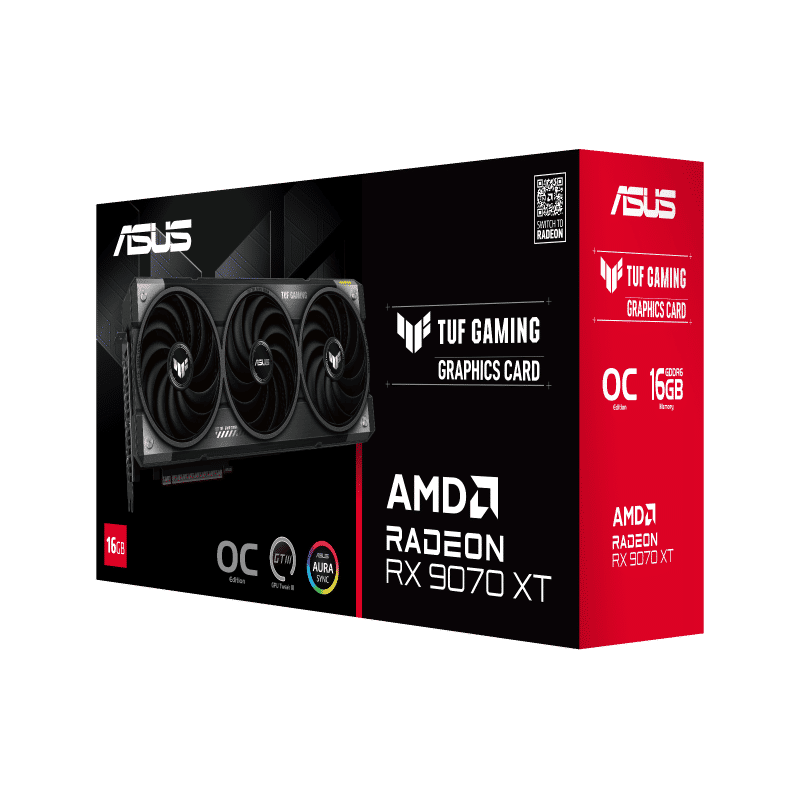 Description

Model                                                                   TUF-RX9070XT-O16G-GAMING
Graphic Engine                                                  AMD Radeon™ RX 9070 XT
Bus Standard                                                      PCI Express 5.0
OpenGL                                                                OpenGL®4.6
Video Memory                                                   16GB GDDR6
Engine Clock                                                      OC mode(GPU Tweak III): up to 3080 MHz (Boost Clock)/up to 2540 MHz (Game Clock)
Default mode: up to 3060 MHz (Boost Clock)/up to 2520 MHz (Game Clock)
Stream Processors                                             4096
Memory Speed                                                   20 Gbps​
Memory Interface                                             256-bit
Resolution                                                          Digital Max Resolution 7680 x 4320
Interface                                                              Yes x 1 (Native HDMI 2.1b)
Yes x 3 (Native DisplayPort 2.1a)
HDCP Support Yes (2.3)
Software                                                              ASUS GPU Tweak III & Drivers: please download all software from the support site.
Dimensions                                                        330 x 140 x 62.5 mm
13 x 5.5 x 2.5 inch
Recommended PSU                                         850W
Power Connectors                                            3 x 8-pin
Slot                                                                      3.125 Slot
AURA SYNC                                                      RGB