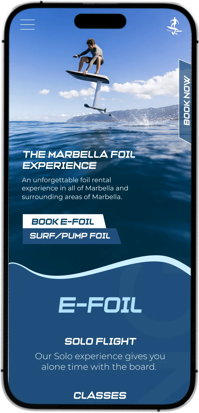 Mobile website mockup for Marbella Foil Experience