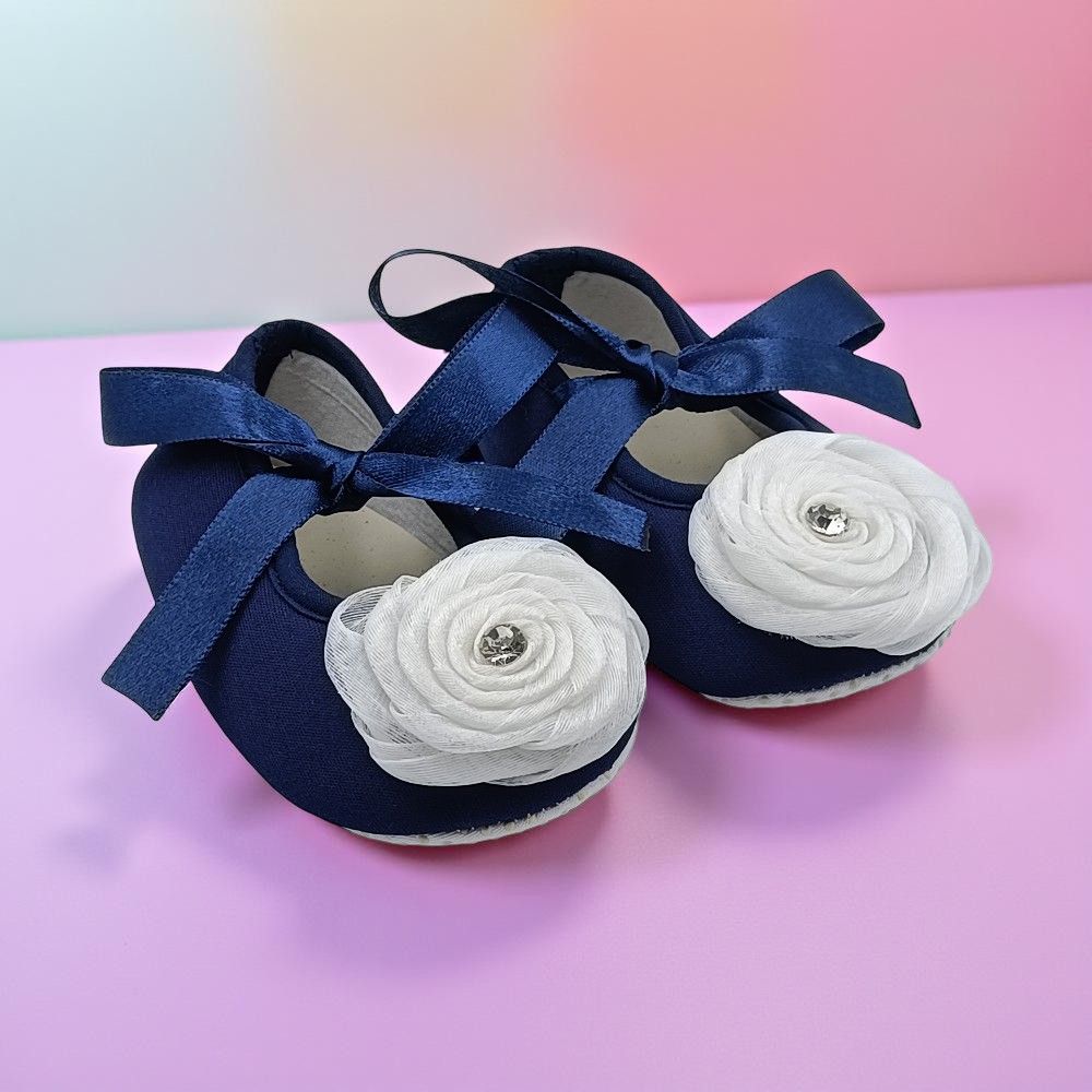 Rsmart, Navy Blue Baby Girl & boy Shoes with White Flower & Satin Ribbon