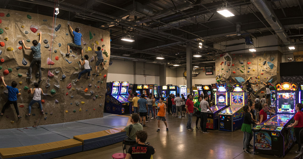 People enjoying an indoor rock-climbing wall and arcade games in St. Louis