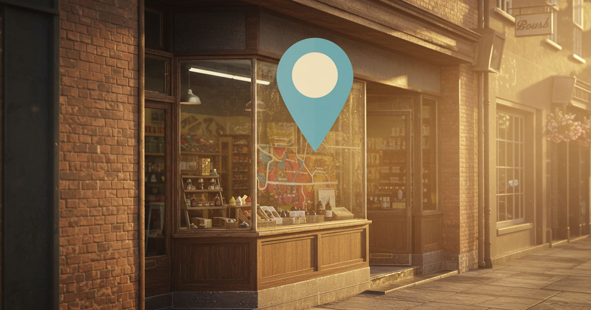 A friendly local storefront with a map location pin concept on a sunny day