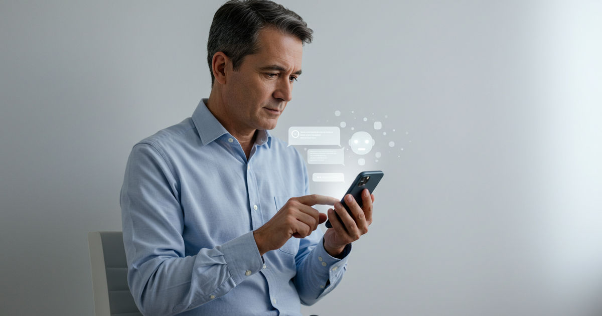 A small business owner using an AI chatbot on a phone to help run a local business
