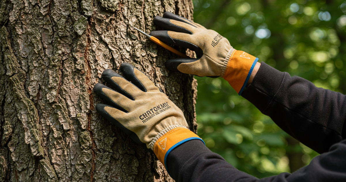 A certified arborist inspecting the bark and trunk of a mature tree
