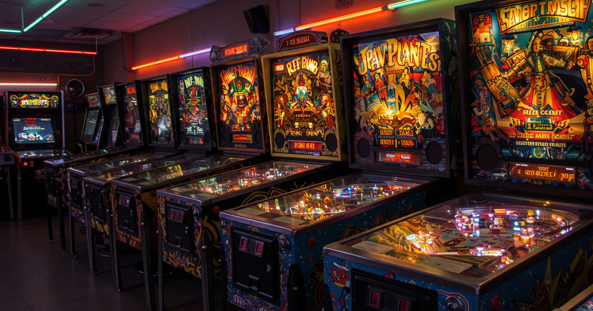 A colorful retro arcade interior with glowing pinball machines and neon lighting