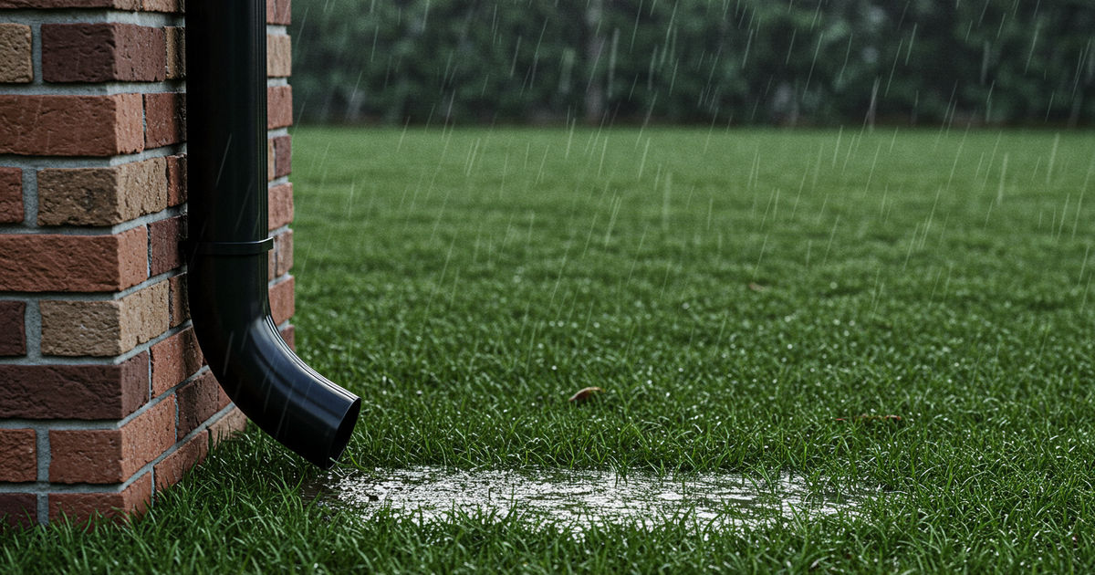 A downspout extension carrying rainwater away from a brick home's foundation