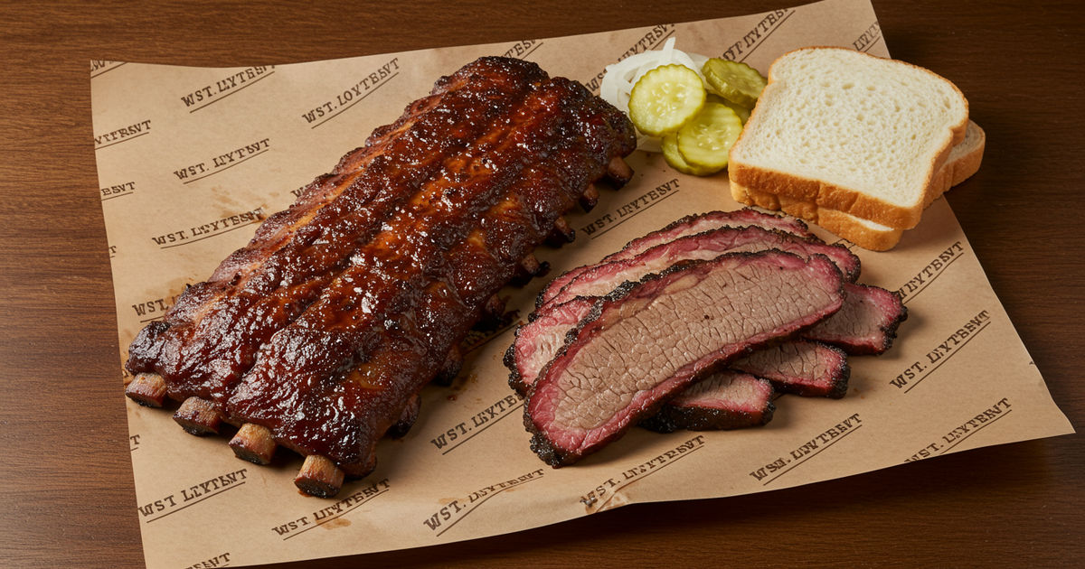 A St. Louis barbecue platter of ribs, brisket, and burnt ends
