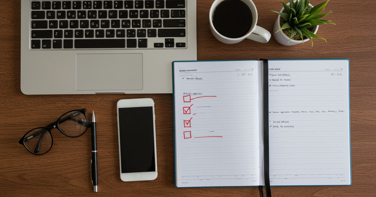 An organized flat-lay of a laptop, checklist, and phone for managing multiple business listings