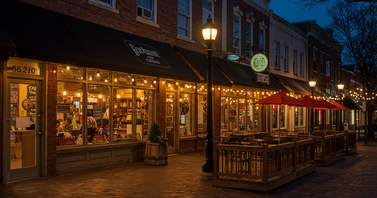 A St. Louis restaurant district glowing at night
