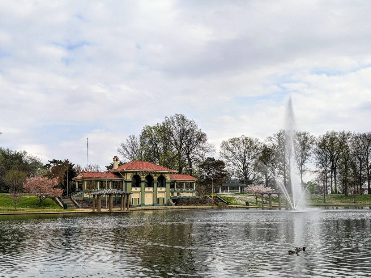 The historic boathouse and lake at Carondelet Park, which borders the Boulevard Heights neighborhood of St. Louis to the north