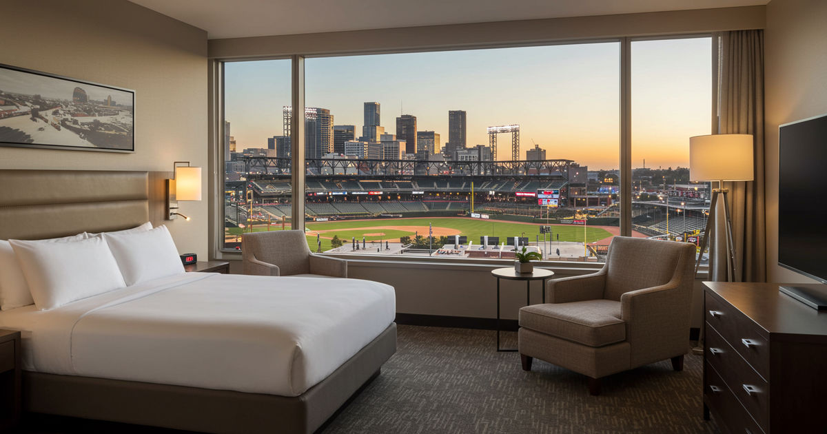 A modern downtown St. Louis hotel room overlooking the ballpark district at dusk