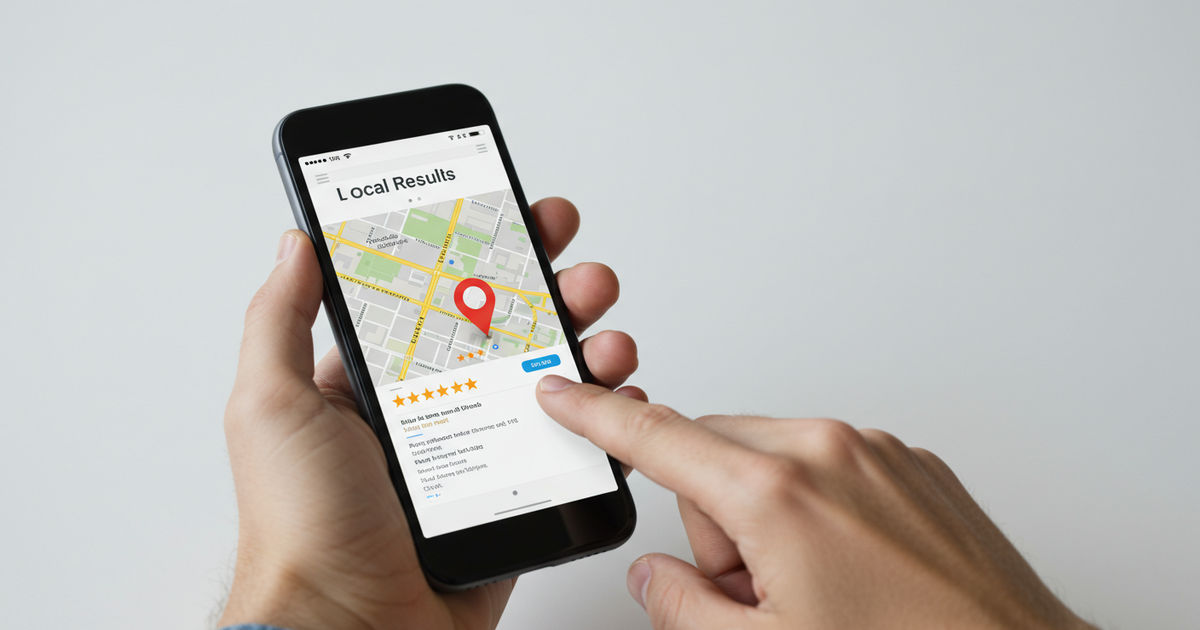 A smartphone showing a local business search result with a map and star reviews