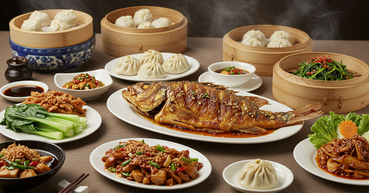 A table of authentic Northeastern Chinese dishes with crispy fish and dumplings