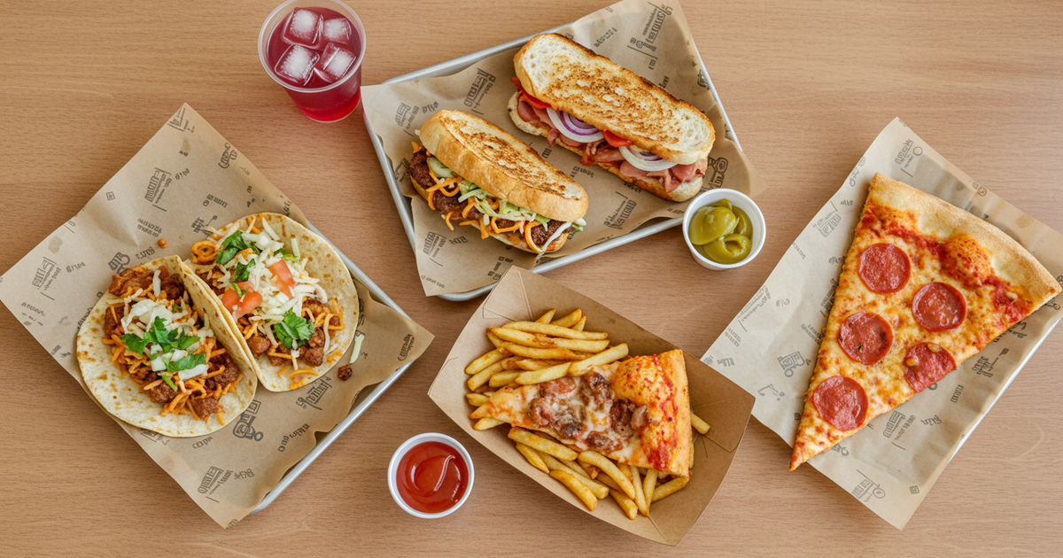 A spread of affordable street tacos, a deli sandwich, and a slice of pizza