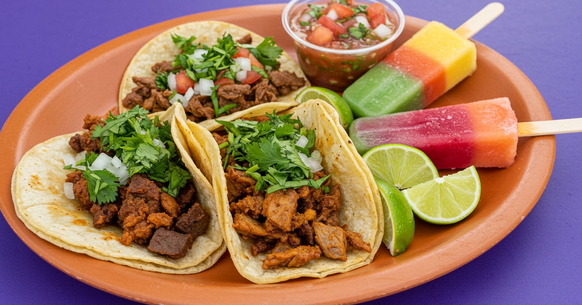 Authentic Mexican street tacos with lime and fresh salsa beside a colorful fruit paleta