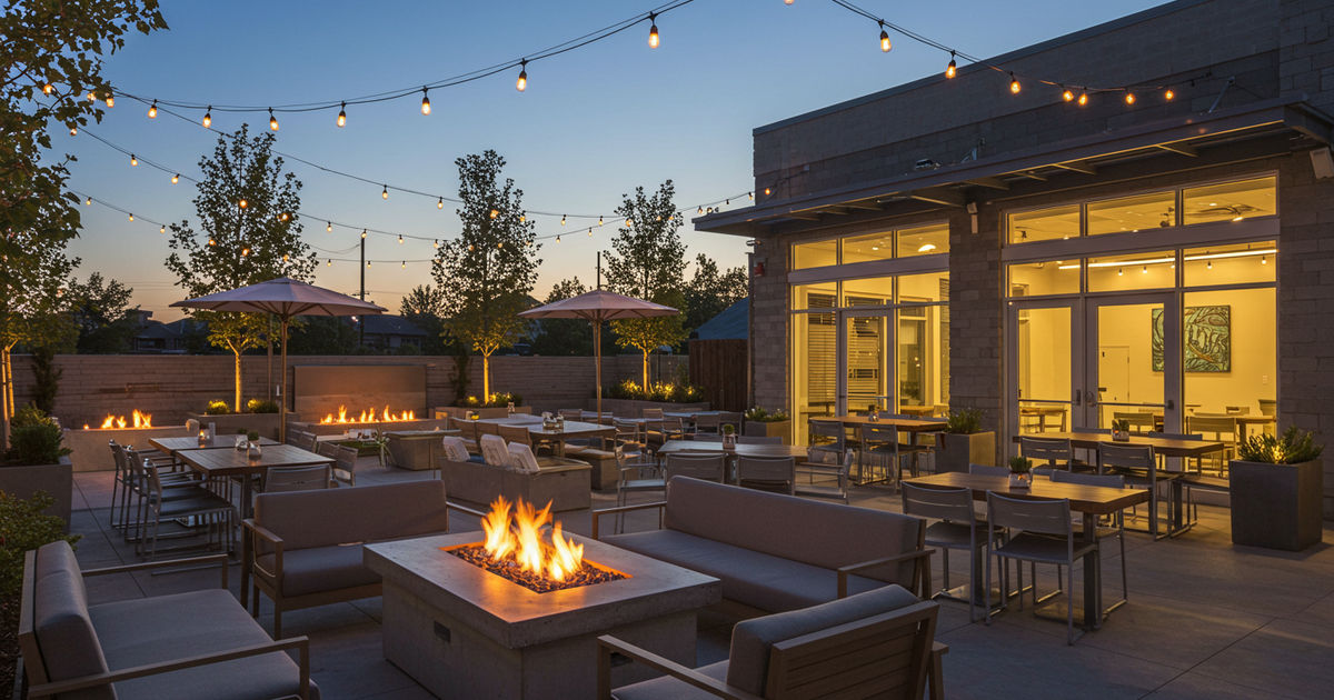 An upscale patio dining scene at dusk in Chesterfield, MO