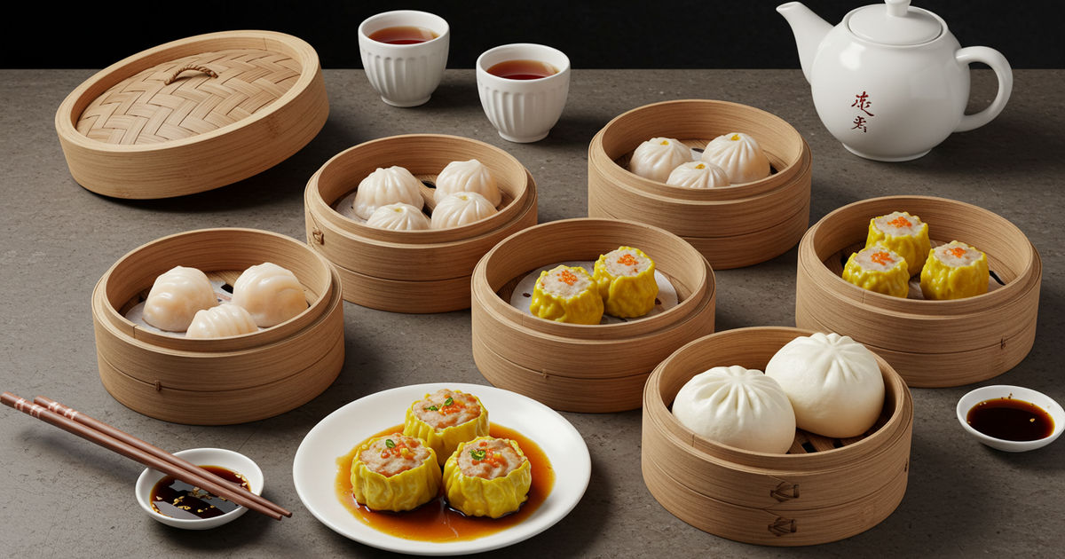 A Chinese dim sum spread of steamer baskets, dumplings, and bao buns
