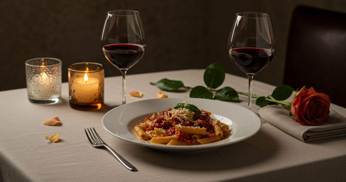 A romantic candlelit dinner table set for two with wine and pasta
