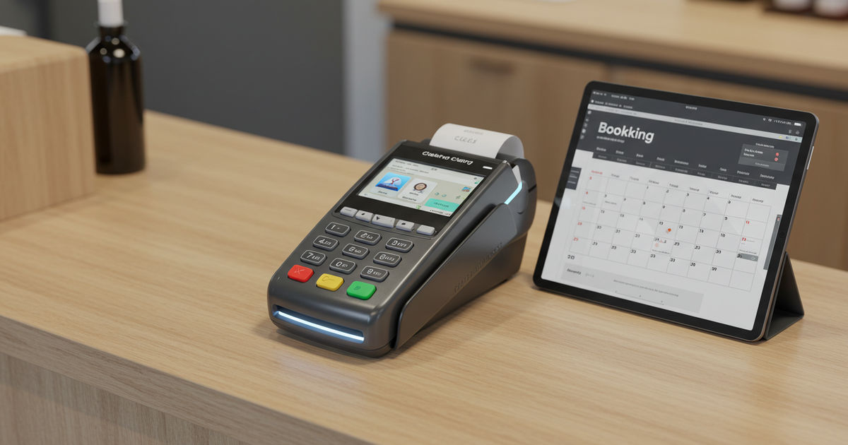 A small business counter with a digital payment terminal and a tablet showing an online booking calendar