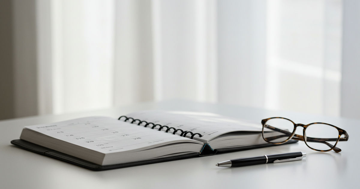 An open planner, a pen, and reading glasses on a desk — applying for disability benefits in St. Louis